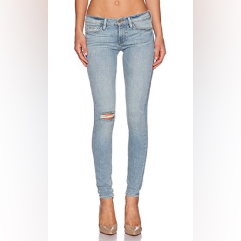 Frame Denim Mckinney Blue Distressed Blowout Knee Le Skinny De Jeanne Jeans 26